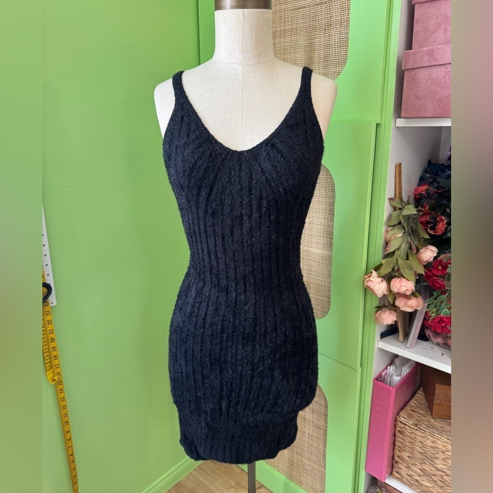 Black Fuzzy Knit Sweater & Bodycon Dress Set - Picture 2 of 5